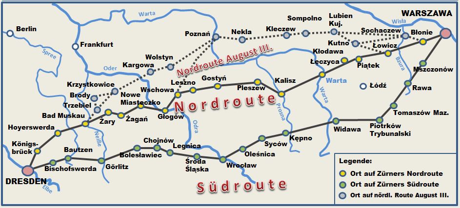Barocke Poststraßen zwischen Dresden und Warschau nach ZÜRNER (1738)